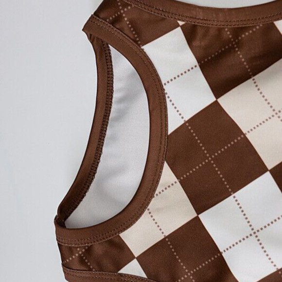 Womens Matching Set Outfit Tank Skirt Mini Size XS Brown Ivory Diamond Stretch - Picture 13 of 16